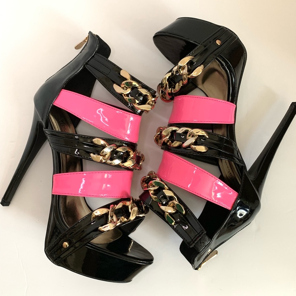 Ami Clubwear Pink/Black Strappy High Heel Sz 10